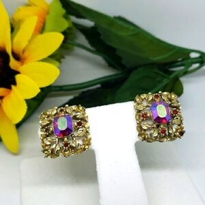 Coro iridescent red rhinestone gold tone square clip earrings Vintage